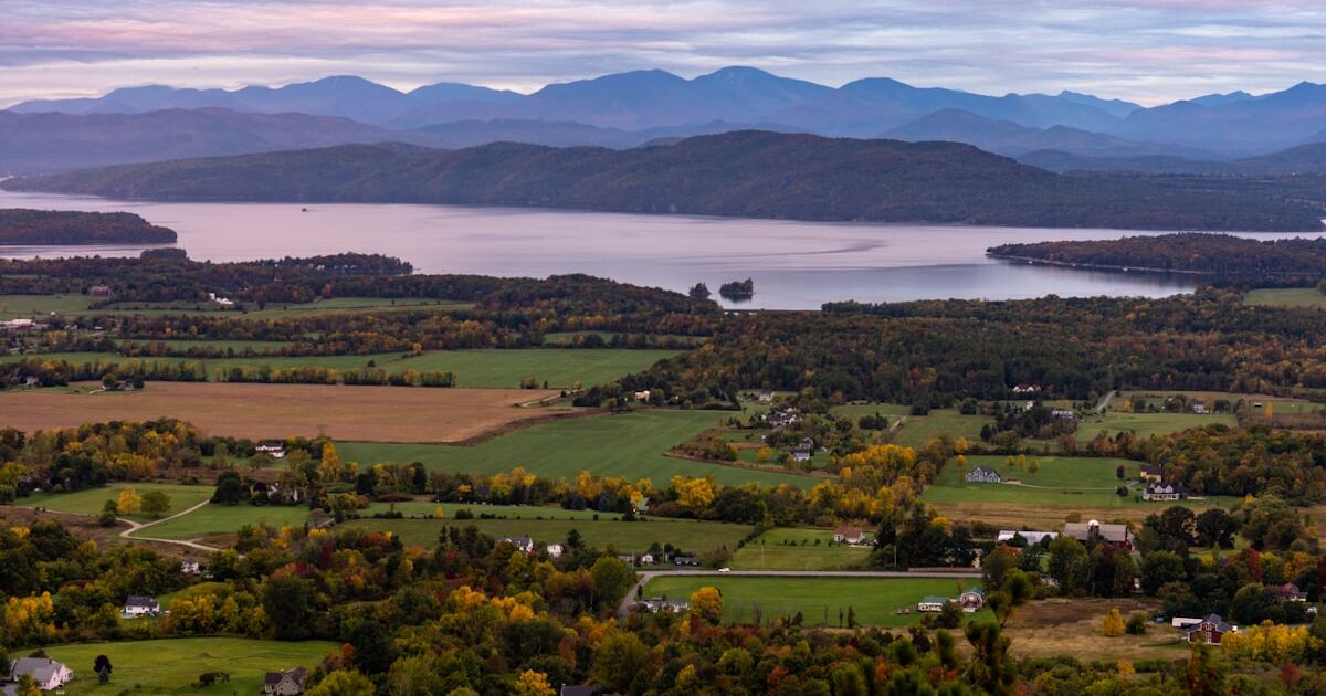 Aerial view of a Vermont valley and farmland